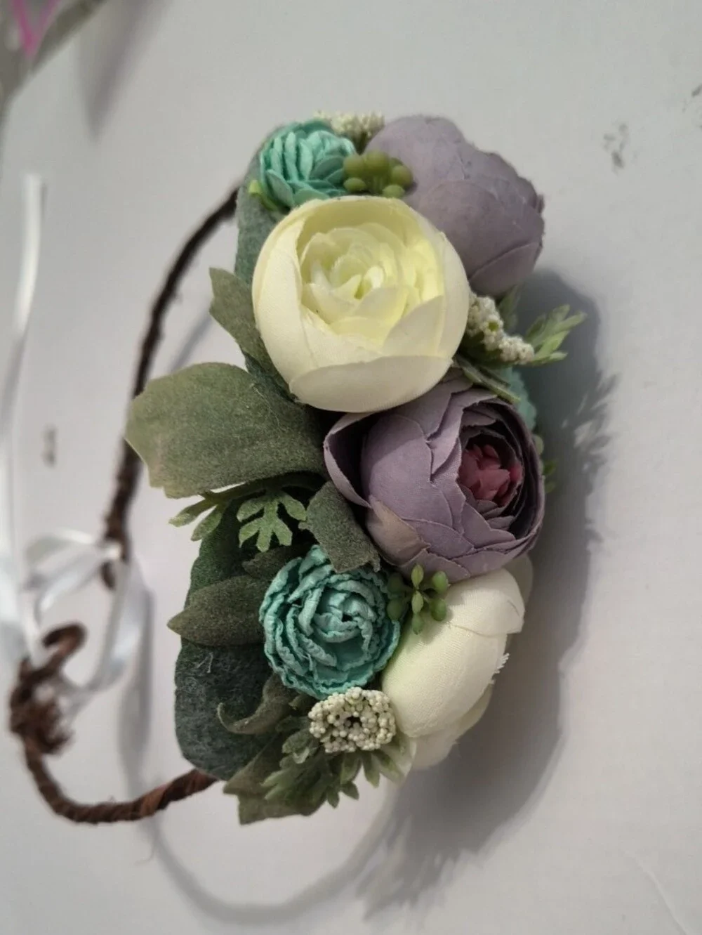 Floral Crown Headband with Cream, Lavender & Teal Flowers